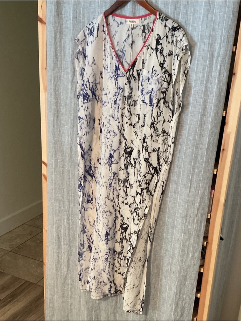 Lemlem Marble-Print V-Neck Dress with Red Trim